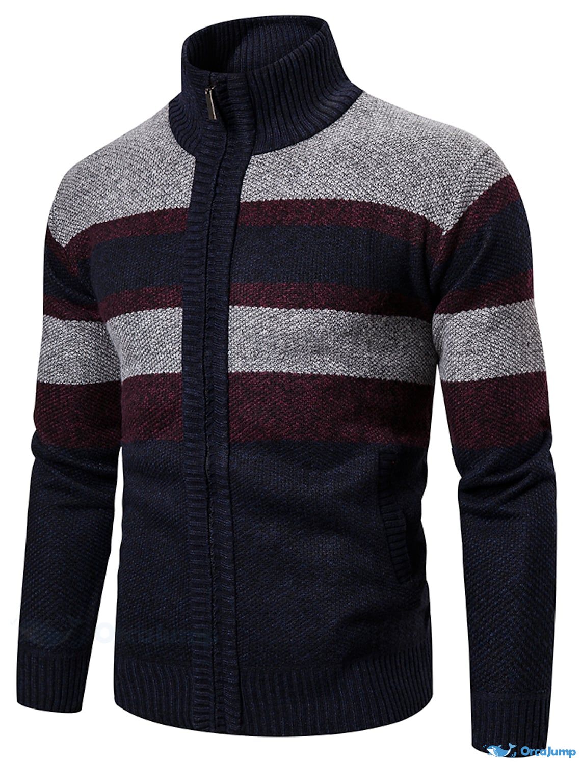 OrcaJump - Striped Stand Collar Sweat Jacket Cardigan Knit Zip Long Sl