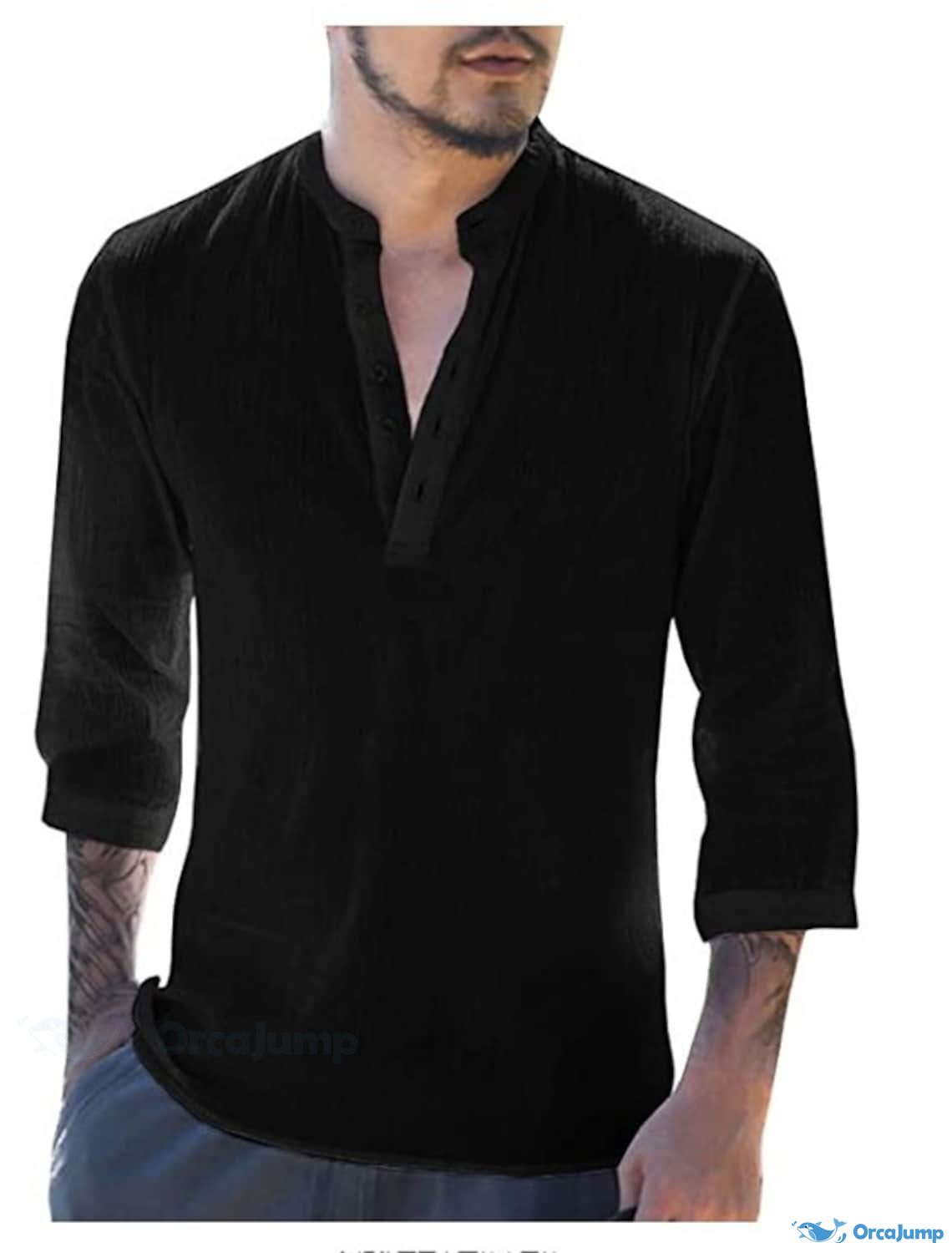 OrcaJump - Mens Solid Color Stand-Up Collar Henley Button-Down Shirt