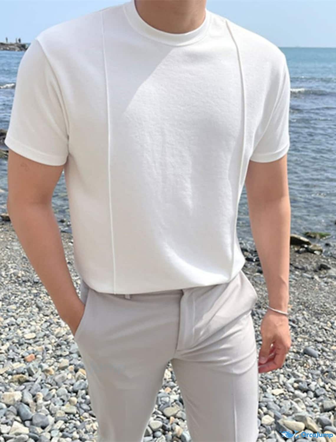 OrcaJump - Mens White Solid Color Crew Neck Short Sleeve T-Shirt - Str