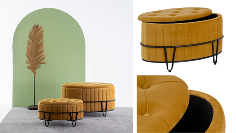 OCRE TUFTED STORAGE OTTOMAN WITH BLACK METAL LEGS