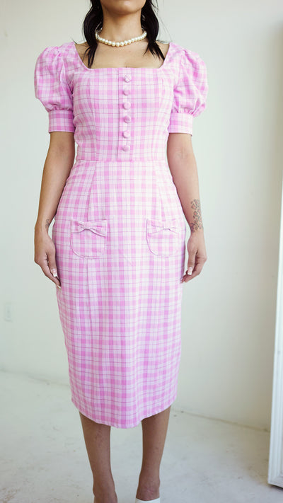 Pink Plaid Puff Sleeve Princess Seam Midi Dress