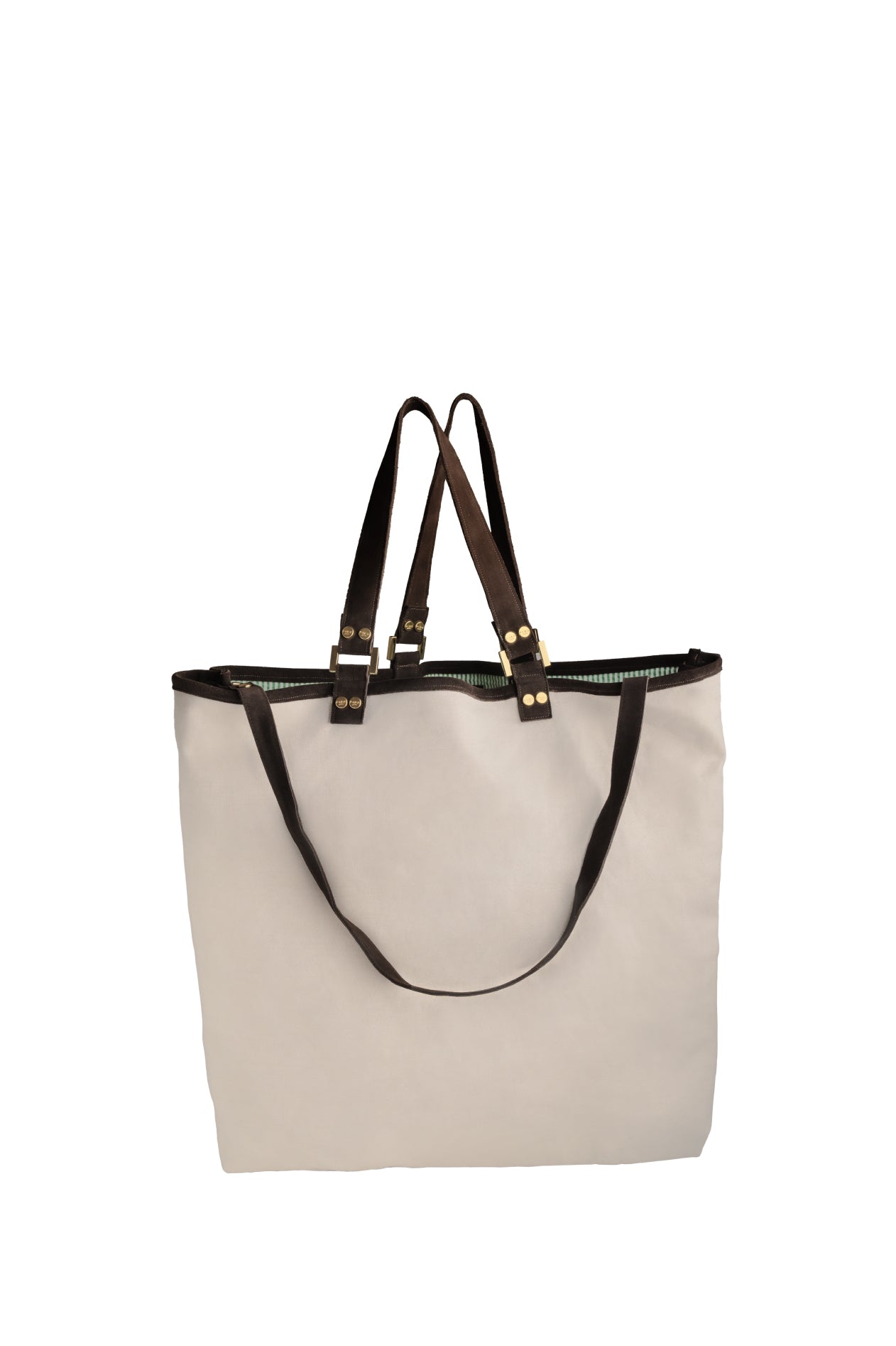 SALINA TOTE CANVAS WHITE WITH SEERSUCKER GREEN LINING-REVERSIBILE (SIZE L)