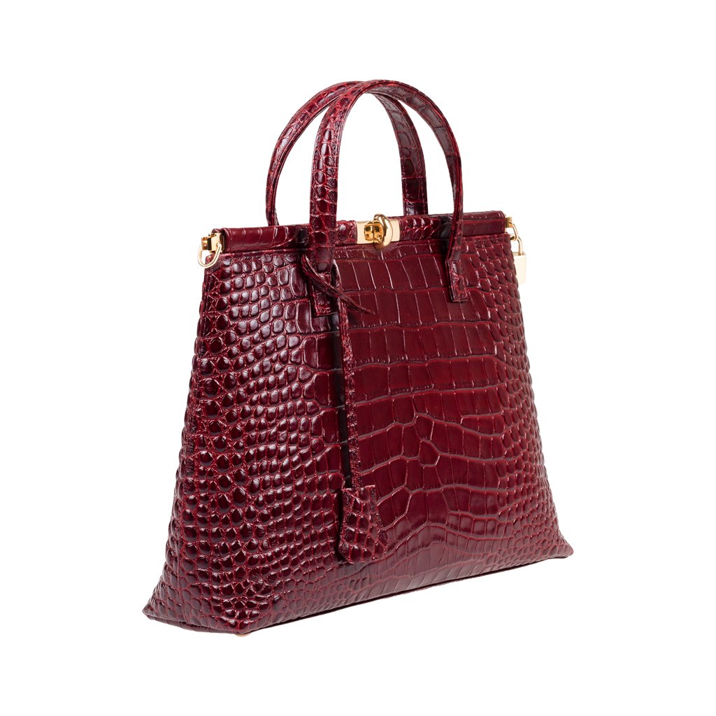 Lady Milan croc embossed bordeaux leather handbag