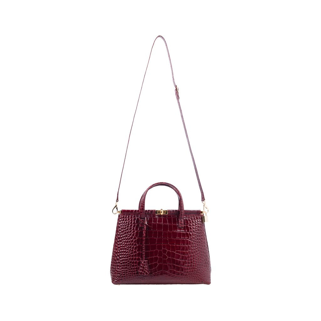 Lady Milan croc embossed bordeaux leather handbag