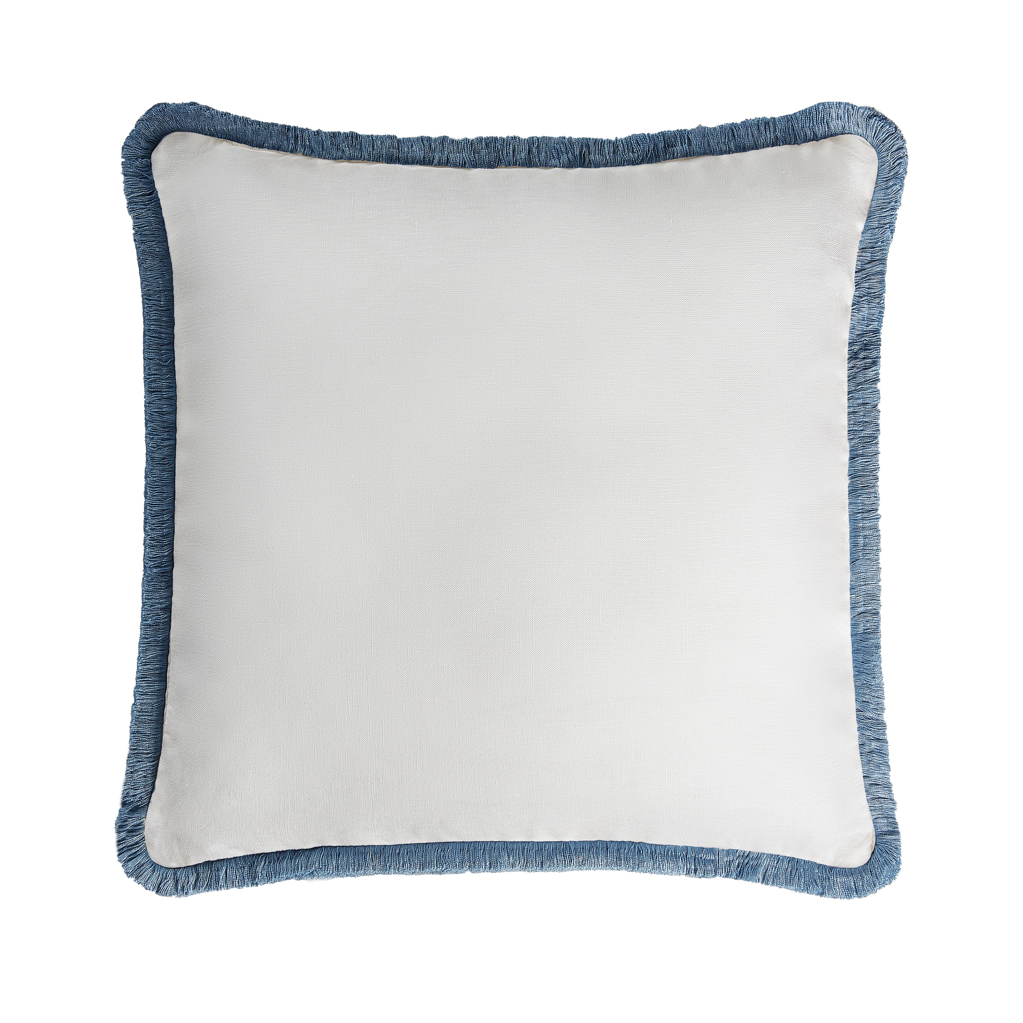 HAPPY LINEN PILLOW | WHITE WITH LIGHT BLUE FRINGES  SOFT LINEN CUSHION WITH COTTON FRINGES