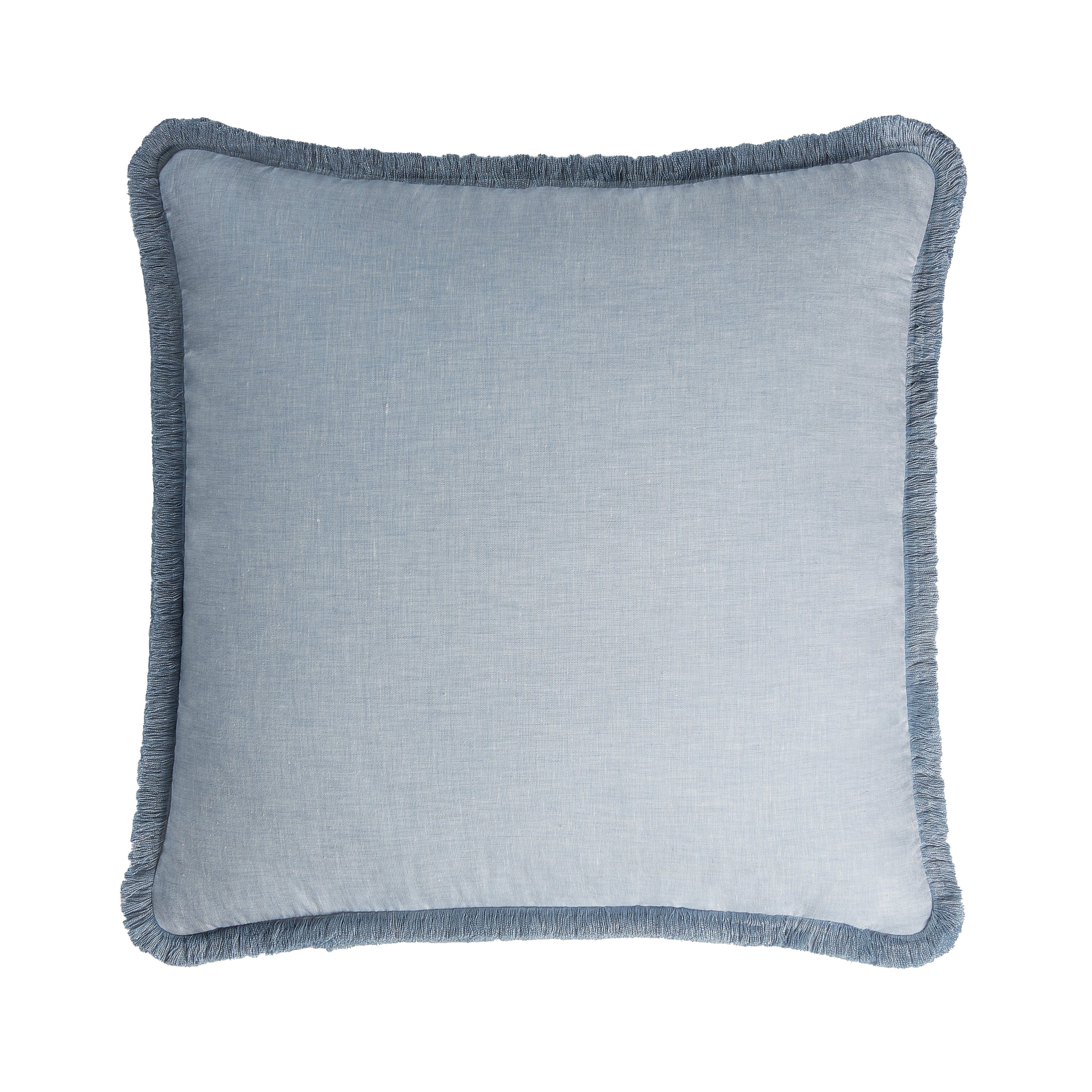 HAPPY LINEN PILLOW | LIGHT BLUE WITH LIGHT BLUE FRINGES  SOFT LINEN CUSHION WITH COTTON FRINGES