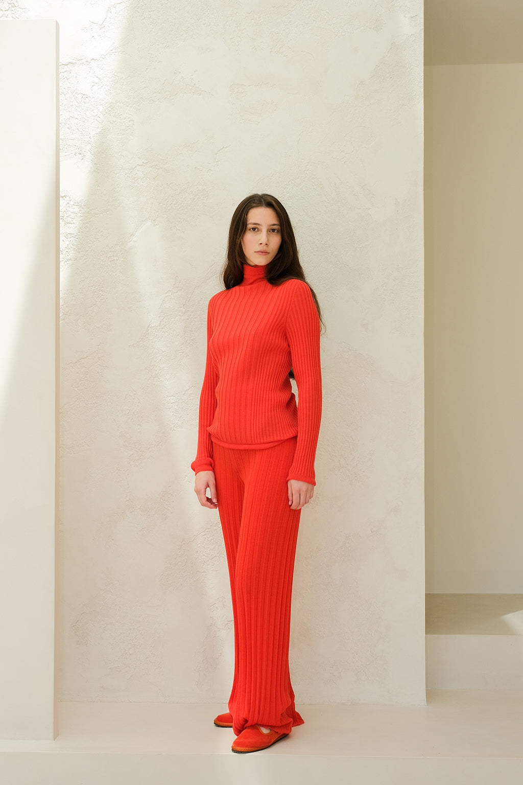 Extra Fine Merino Wool Ribbed Turtle Neck Orange Red - Merino Wool  Turtleneck Sweater