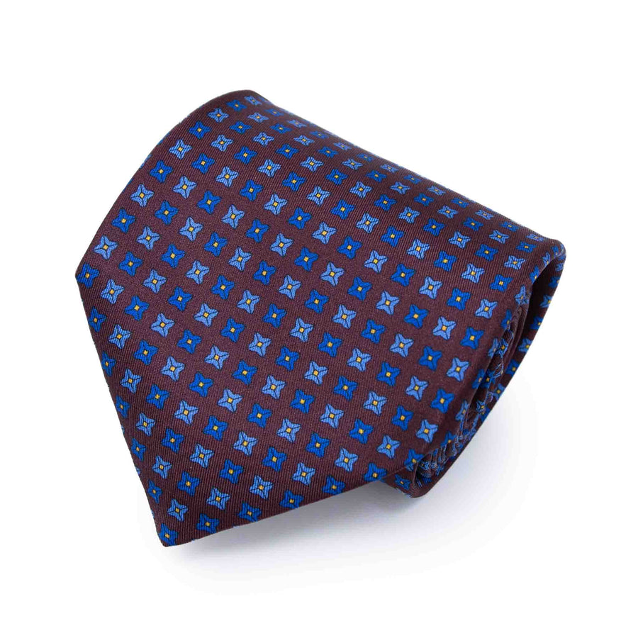 BURGUNDY WITH BLUE AND GREY SQUARE DOTS PATTERN SILK TIE