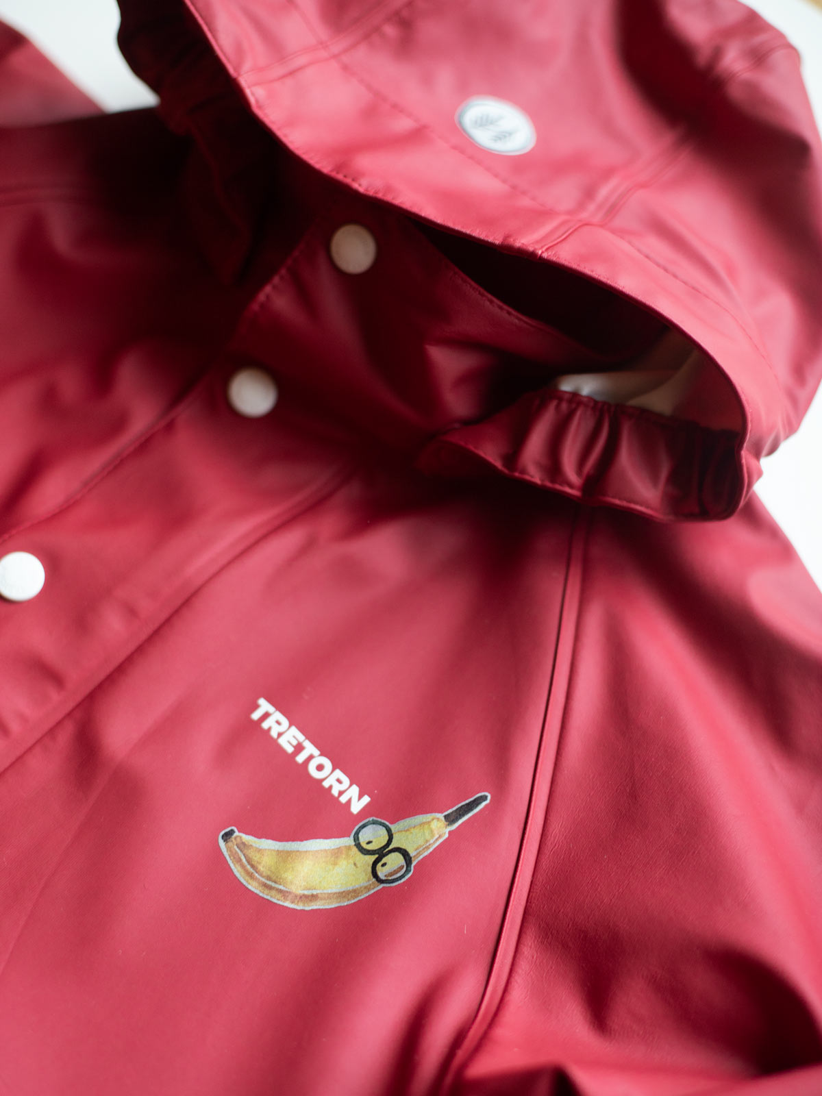 Halfbird Produkt Link reflektierende Bügelbilder Motiv Banane auf roter Regenjacke