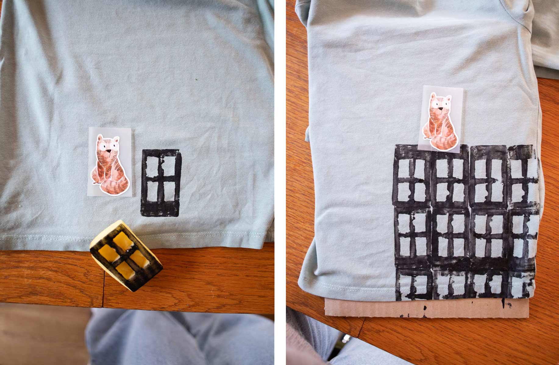 Shirt mit Kartoffeldruck-Hochhaus und Katzen-Bügelbild von Halfbird