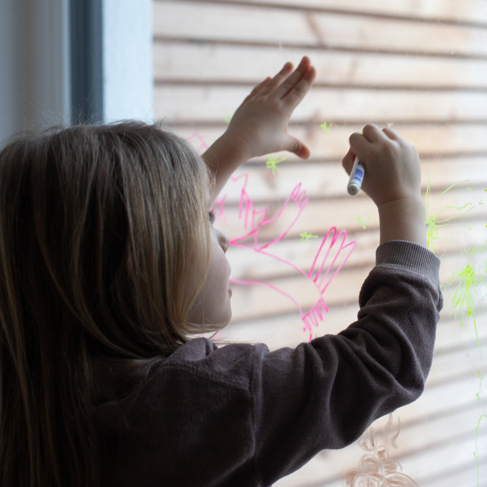 Kind malt Einhorn-Protest Plakat an die Fensterscheibe