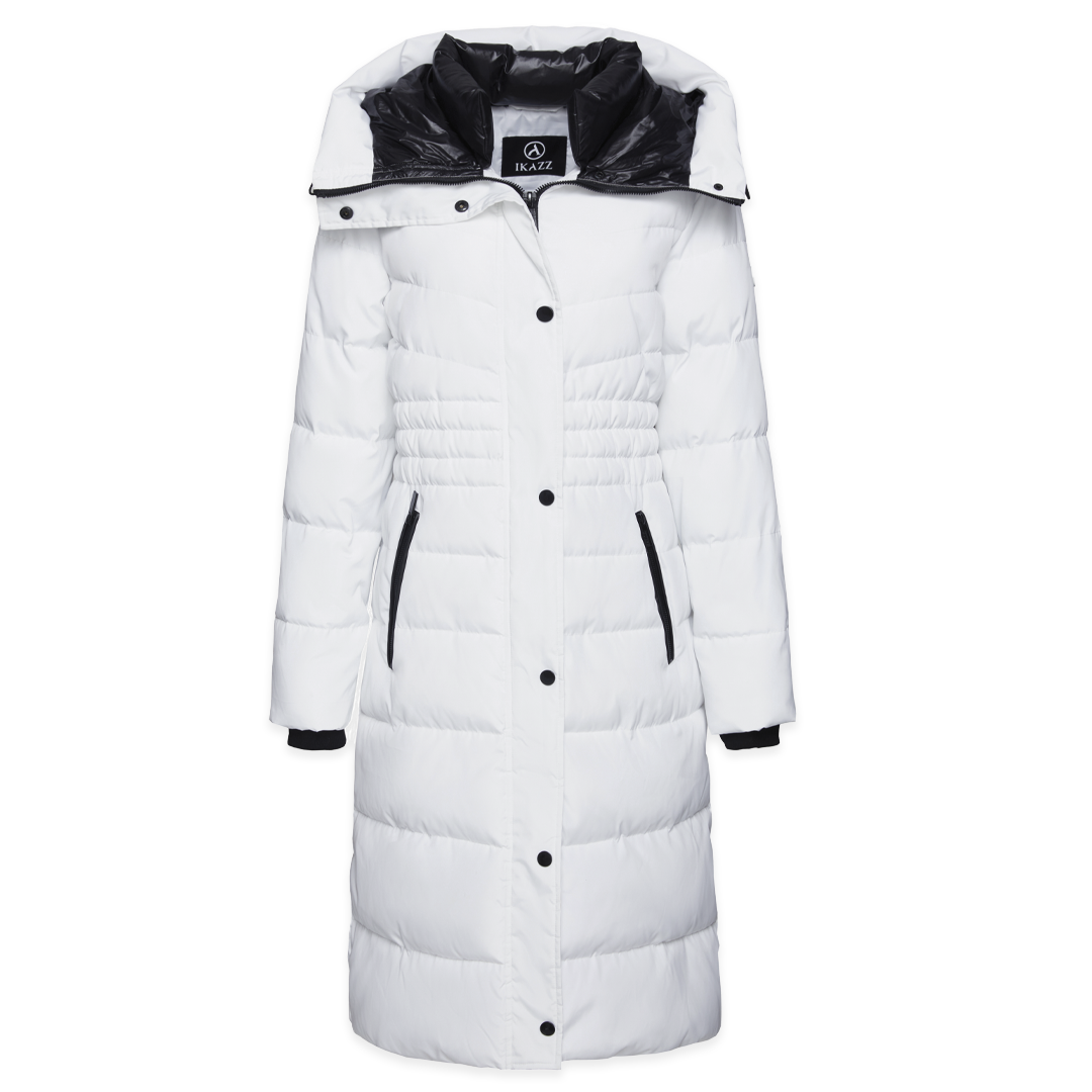 New white long puffer coat with hood ladies- IKAZZ