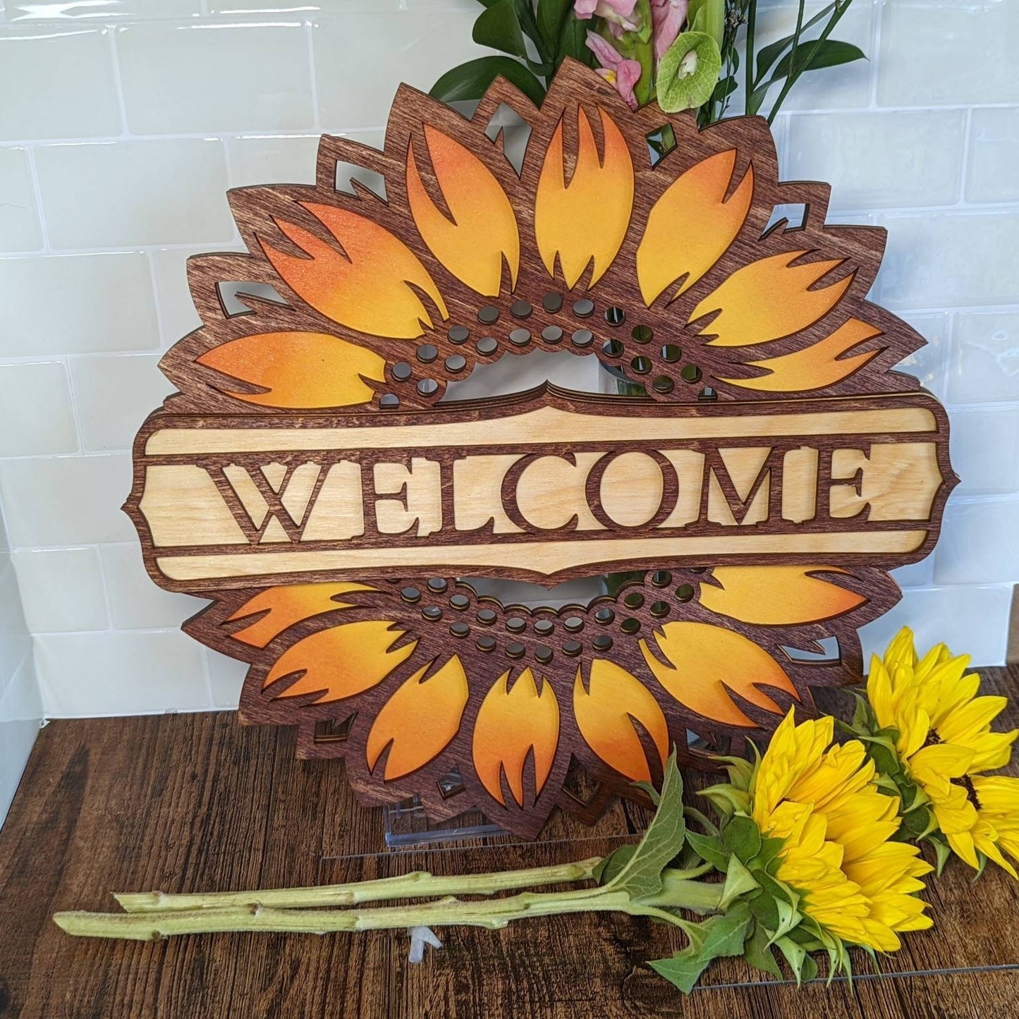 18" huge hand painted wooden sunflower welcome gift sign. Gift for mom. Garden sign. You are my sunshine