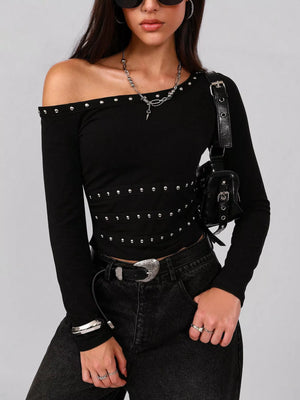 Studded One Shoulder Long Sleeve T-Shirt - Red Ginger Boutique