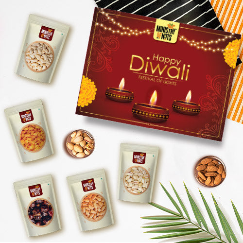 Family Pack of 5 Premium Dry Fruits I Red | 750g with Red Diya Sleeves.