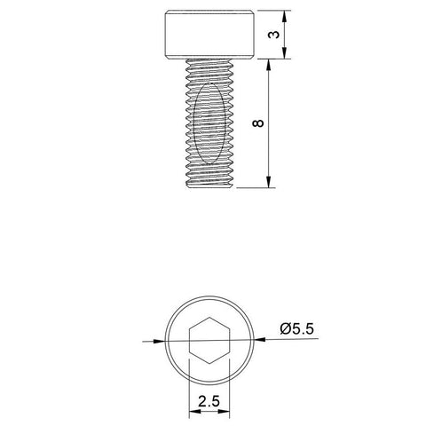 dimensions for m3 x 0.5 x 8 socket head cap screw with nylok