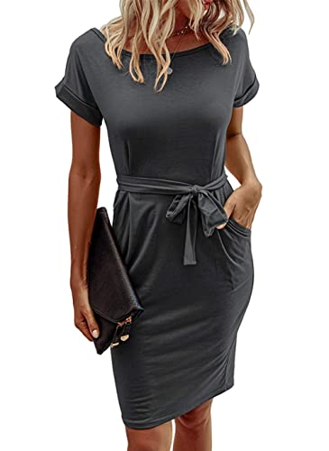 Dark Grey Summer Dresses Round Neck Short Sleeve T Shirt Midi Casual D –  Original Brand