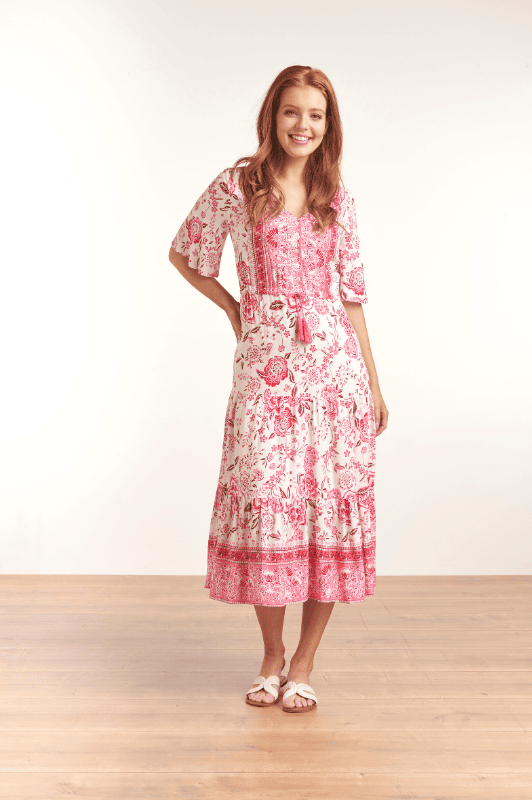 Smashed maxi kjole I Carmen dress i sommerprint pink og hvid | Dresslab.dk