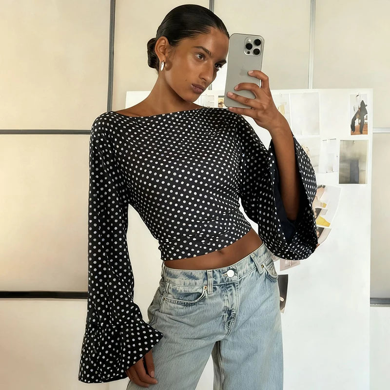 Black Polka Dot Flare Long Sleeve Top