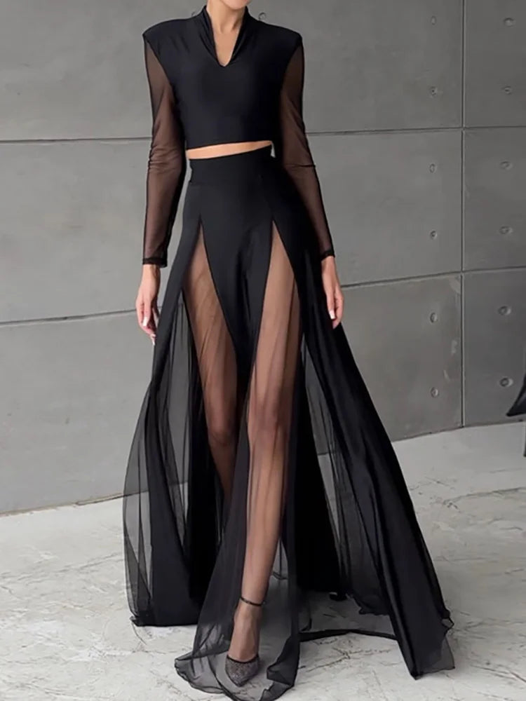 Black Mesh Patchwork A-Line Skirt