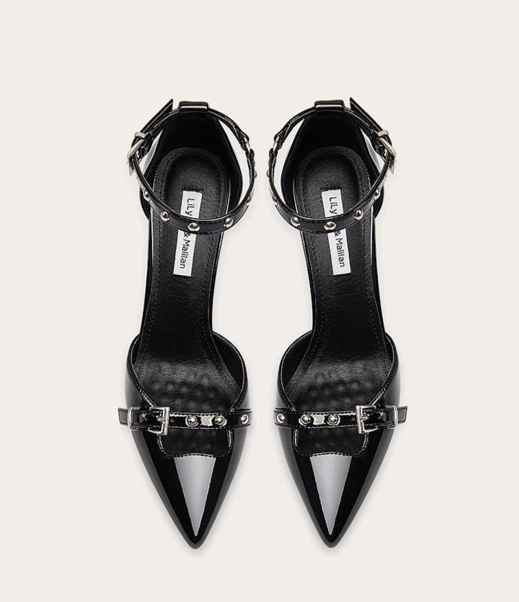 Black Patent Rivet Pointed Sandals | Strappy Platform Party Heels