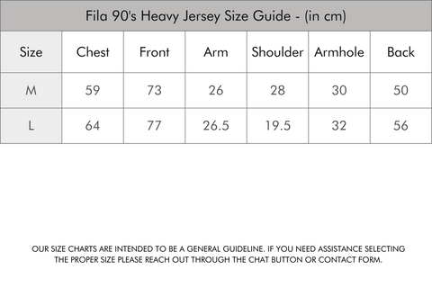 FILA 90's Heavy Jersey size guide