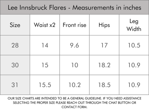 Lee Innsbruck Flares Size Guide