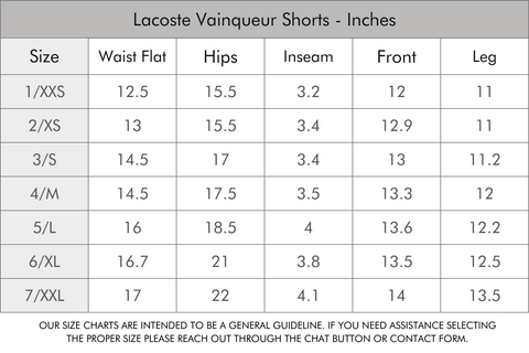 Lacoste Vainqueur Shorts Size Guide