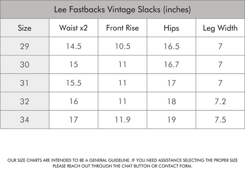 Lee Fastbacks 70's Vintage Slacks Size Guide Table