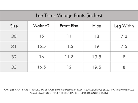 Lee 70's Trims Vintage Pants Size Guide Table