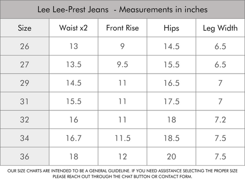 Lee Vintage Jeans Lee-Prest Size Guide