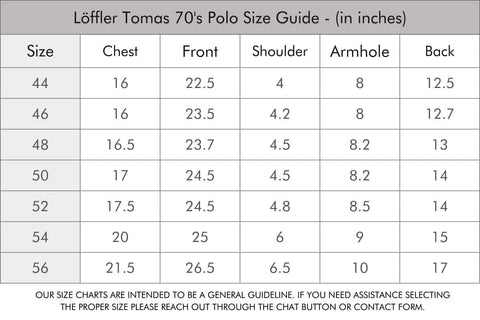 Löffler Tomas 70's Tennis Polo Size Guide Table