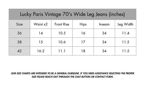 Size guide for vintage wide leg jeans