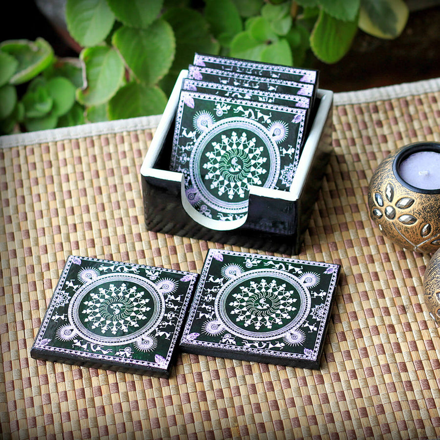 Warli Hand Painted Wooden Coasters - Set of 6 - Tyohar