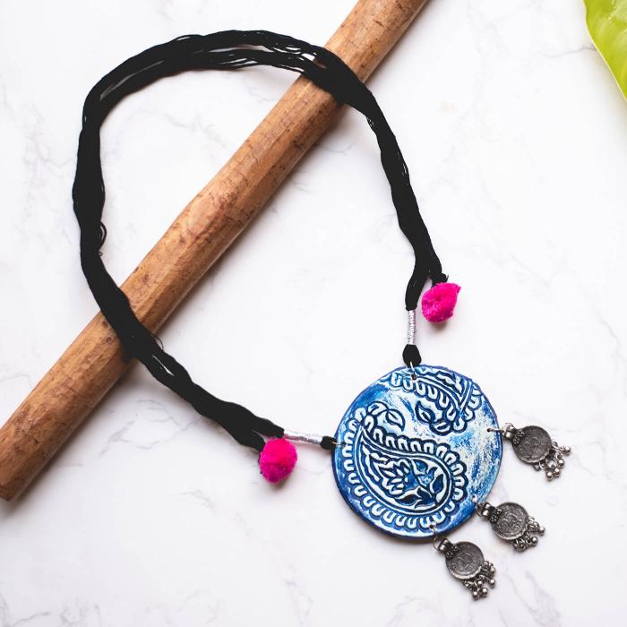 Block-Printed Blue Paisley Necklace
