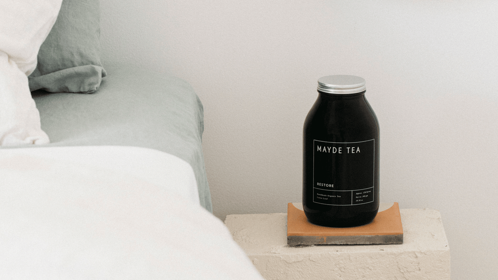 serenity by Mayde Tea on a bedside table