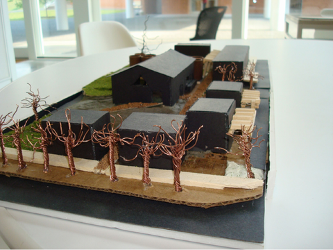 Scale Model of a Job Site including buildings and trees sculpted from twisted Copper wire