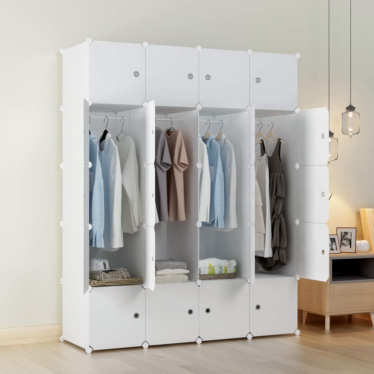 20 Cube Organizer Stackable Plastic Cube Storage Shelves Design Multifunctional Modular Closet Cabinet with Hanging Rod RT