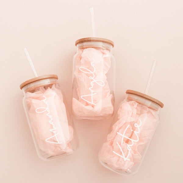 glass tumbler with bamboo lid and clear straw make a perfect bridesmaid gift