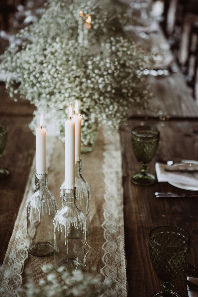 Rustic Chic Barn Wedding Decorations Burlap table runner with lace, baby's breath and tapered candles