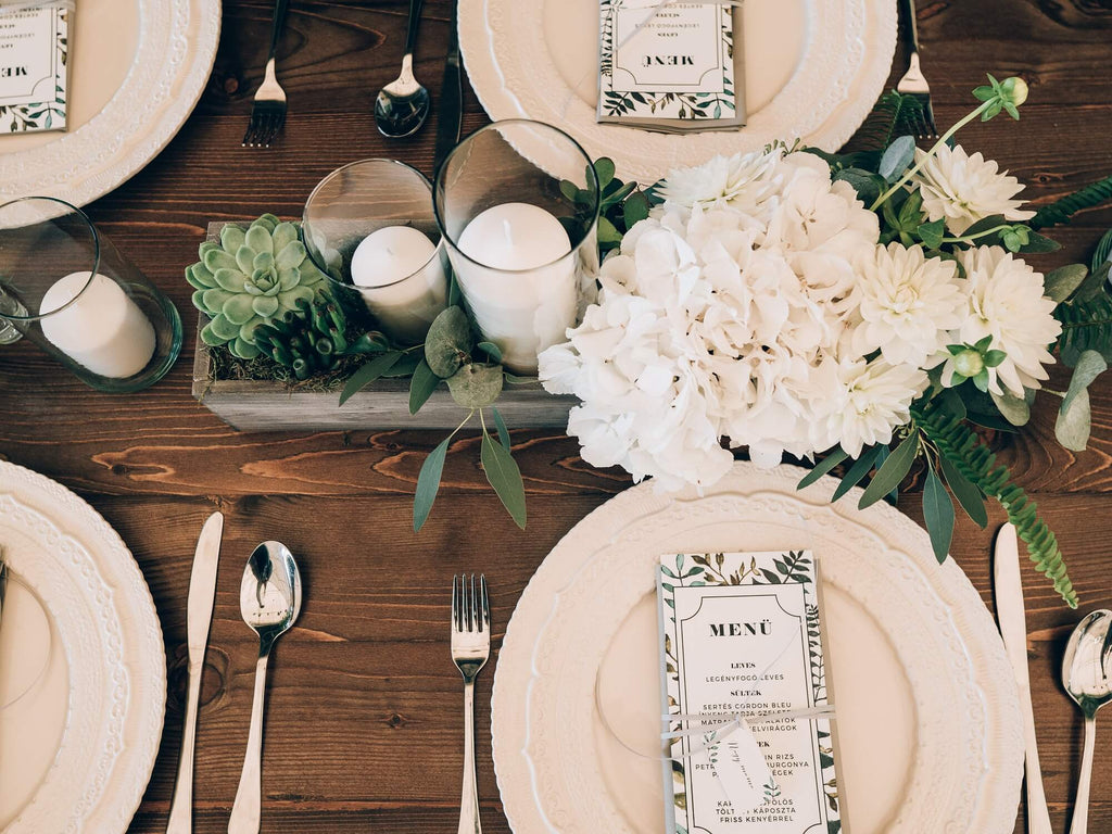 Harvest tables with long floral centerpieces and candles rustic wedding decor