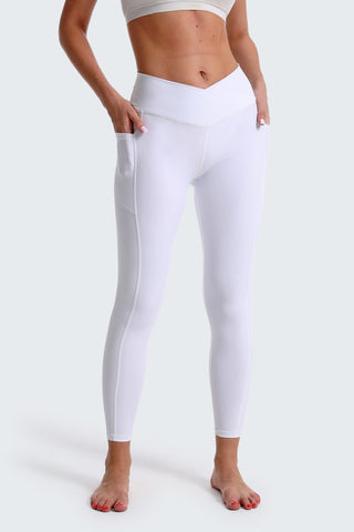 White Opaque Crossover Leggings with pockets