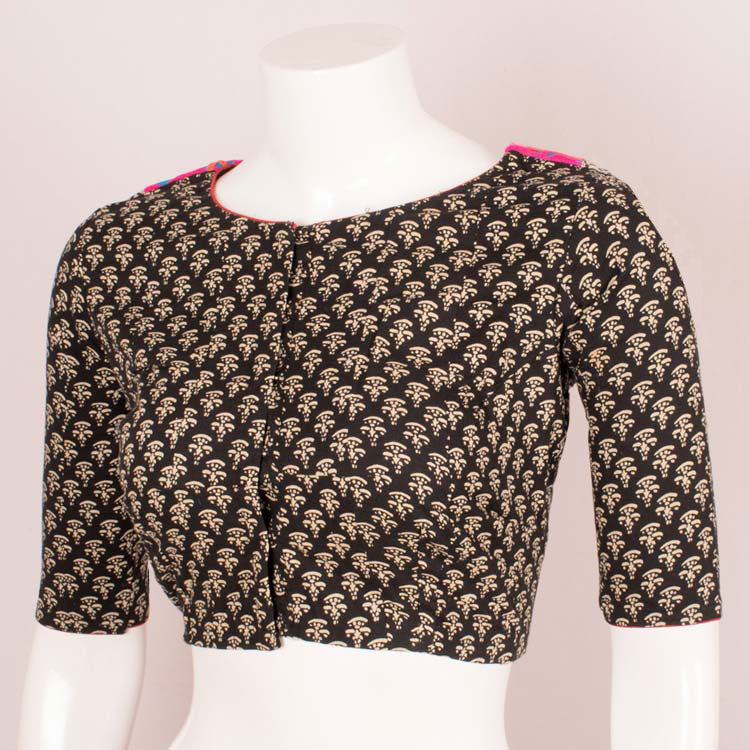 Churi: Black Full Sleeve Cotton Printed Backless Blouse – Indostrings