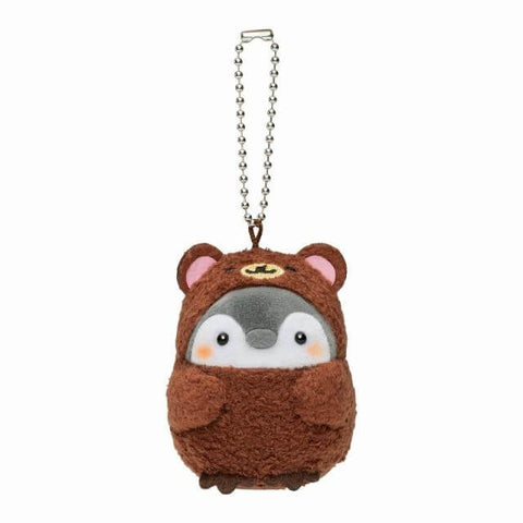 cute kawaii chonky fluffy penguin plushie keyring in brown bear costume