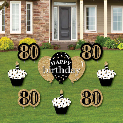 Adult 80th Birthday - Gold - Yard Sign & Outdoor Lawn Decorations - Birthday Party Yard Signs - Set of 8