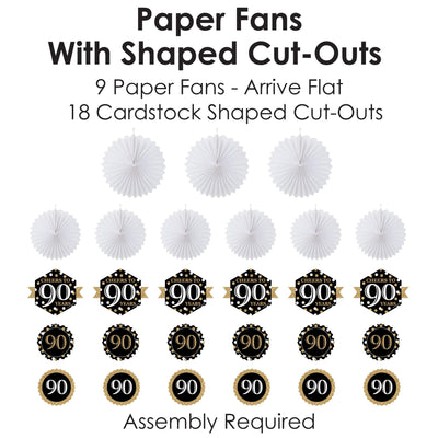 Adult 90th Birthday - Gold - Hanging Birthday Party Tissue Decoration Kit - Paper Fans - Set of 9
