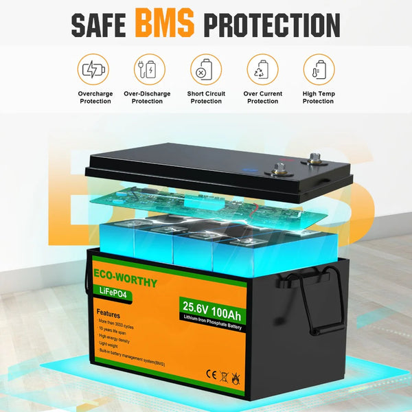 24v 100Ah LiFePO4 Lithium Battery with safe BMS protection
