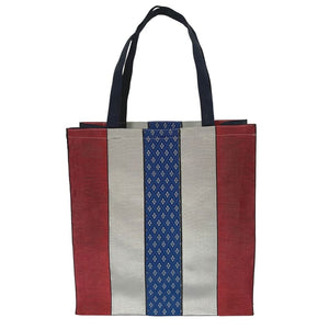 Red and Silver Striped Large Tote Bag with Diamond Shaped Designs on Center Stripe. Long Navy Blue Shoulder Handles, Woven Fabric Made in Japan| Boxy Bottom Tote Bag, Small Batch Production| Handbags Made in the USA| Durable, High Quality, Ultra Light Tote Bags| Made in the Finger Lakes, NY | Totes for  Women, Teachers, Moms| Best Totes for Work, Beach, Market, School, College|  Shop our Online Store ShimaShima Bags