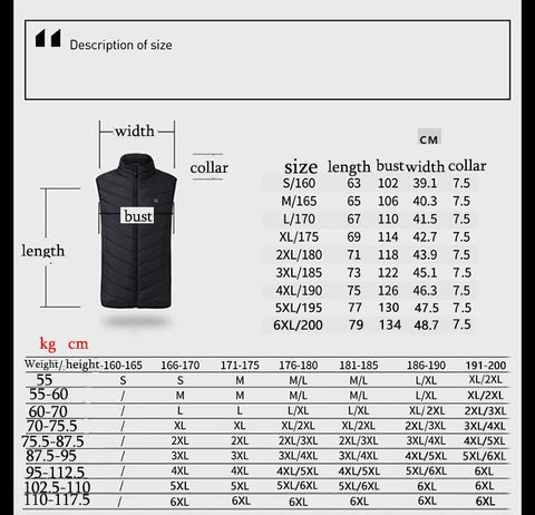 Electric Heating Vest Jacket - 11 Heat Spots - size chart