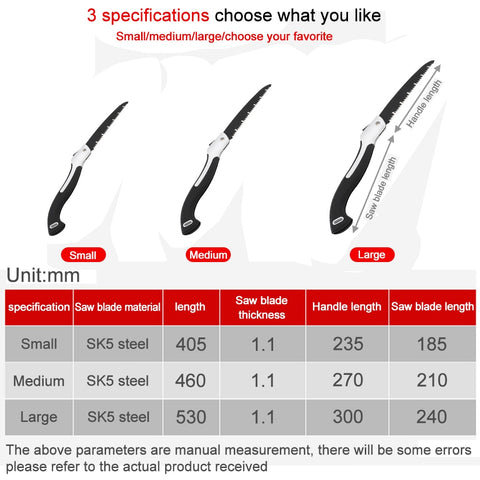 Folding Hand Saw SK5 Steel Blade Soft Rubber Handle. - size chart